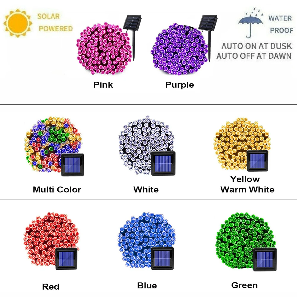 100 LED Solar Powered Fairy String Light Garland RGB 8 Colors Outdoor Garden Christmas Wedding Party Decoration Lamp Waterproof