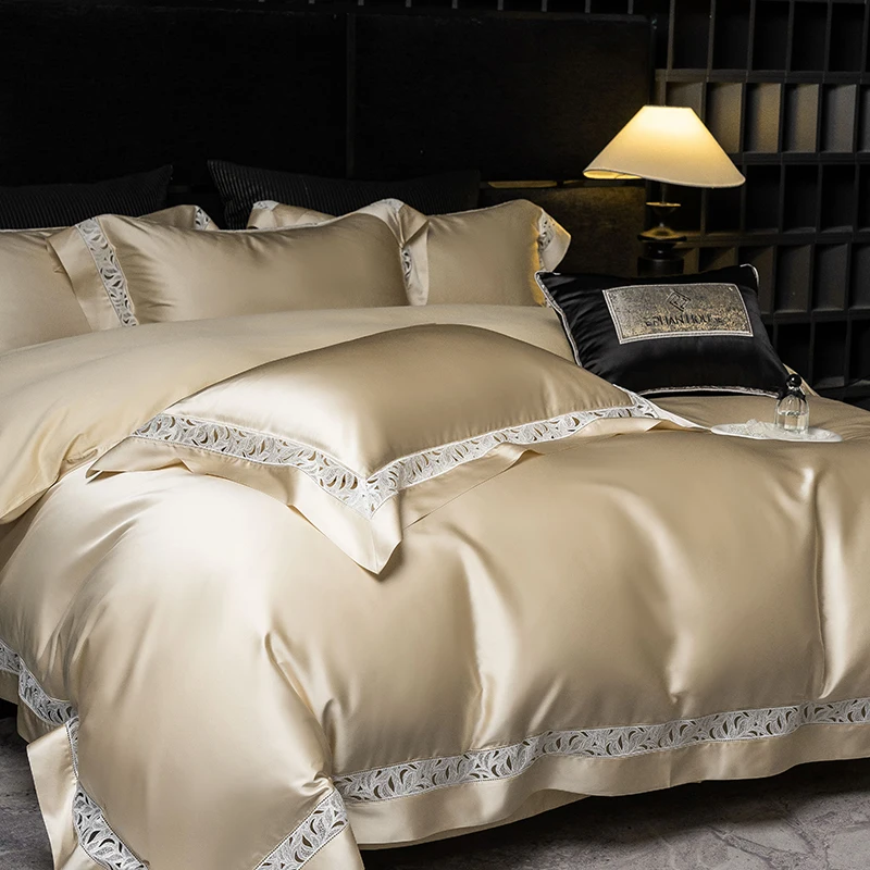 4Pcs Luxury Champagne Brocade and Egyptian Cotton Soft Silky Bedding Set Hollow Lace Edge Duvet Cover Set Bed Sheet Pillowcases