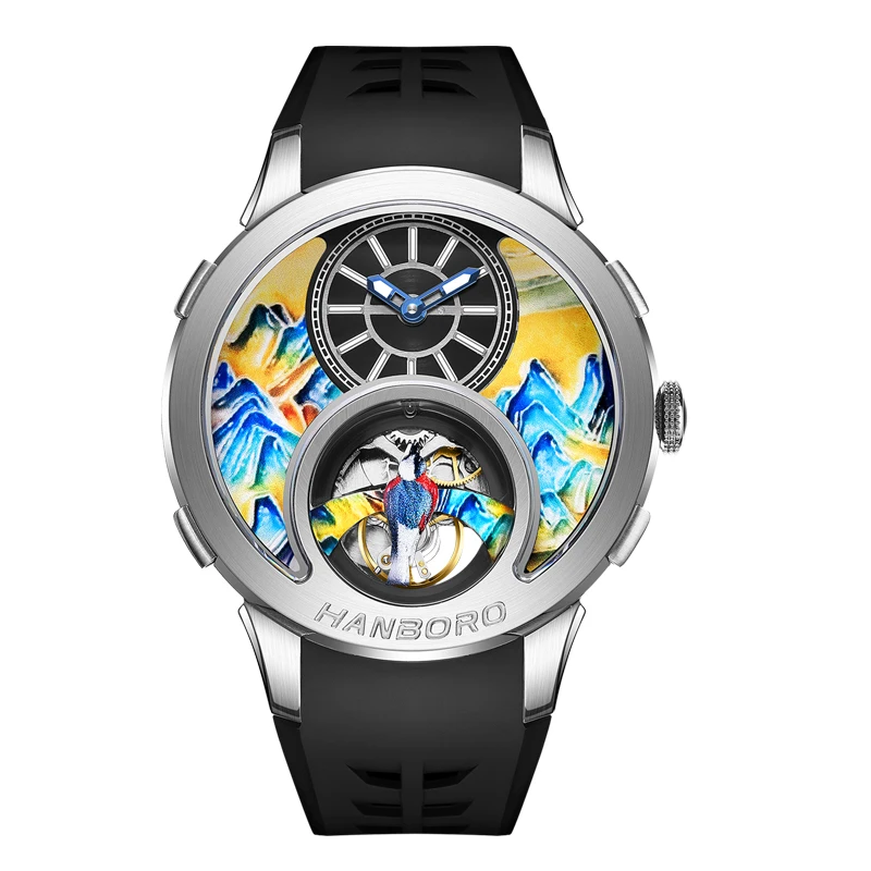 HANBORO Men Automatic Watch 43.6mm Vintage Mechanical Wristwatch Luminous Enamel Carved Painted Mountain Dial Painted Magpie