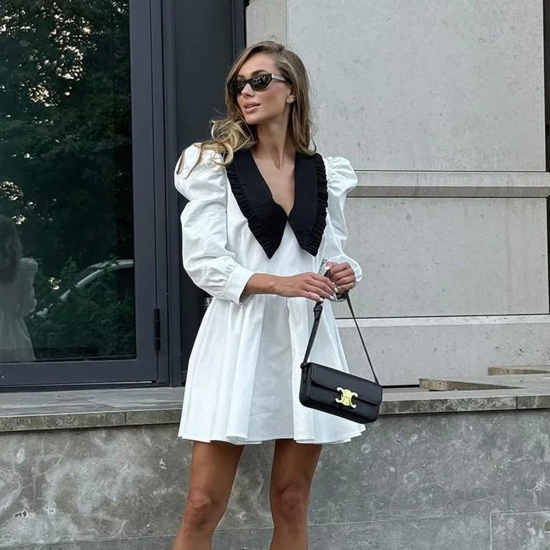 

New Spring Black White Contrasting Short Dresses Women Peter Pan Collal Mini Dress Autumn Female High Waist Folded A Line Dress