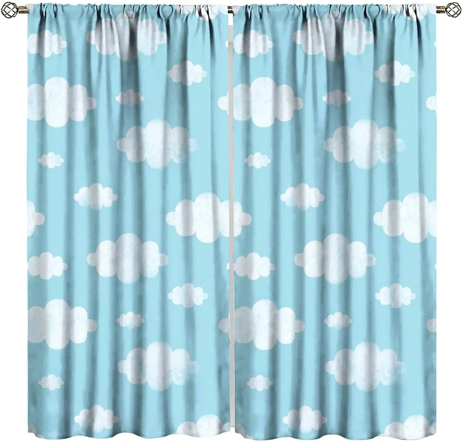 Simple Watercolor Cloud Print Blackout Rod Pocket Curtain Pale Blue Background Gentle Bright Homestay Bedroom Rest Bay Window