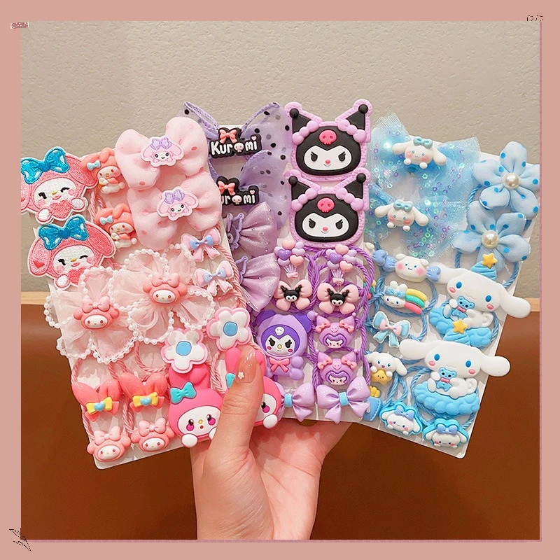 New Sanrio Kuromi Hair Rope Girls High Elastic Bow Rubber Band Baby Hair Rope Girls Tie Ponytail Combination Hair Accessories