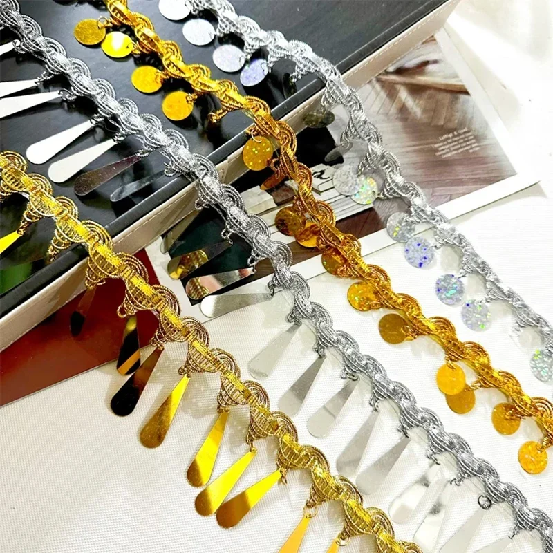 10ヤードの金銀糸ティアドロップペンダントタッセルレーストリムdiyアンティークスタイルステージコスチューム装飾アクセサリー