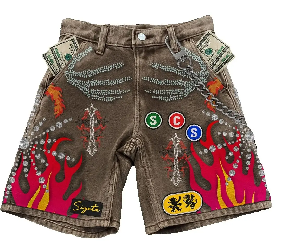 

Y2K High Street Embroidered Shorts for Men and Women Harajuku Hip Hop Loose Cowboy Sports Shorts Gothic Summer Basketball Shorts