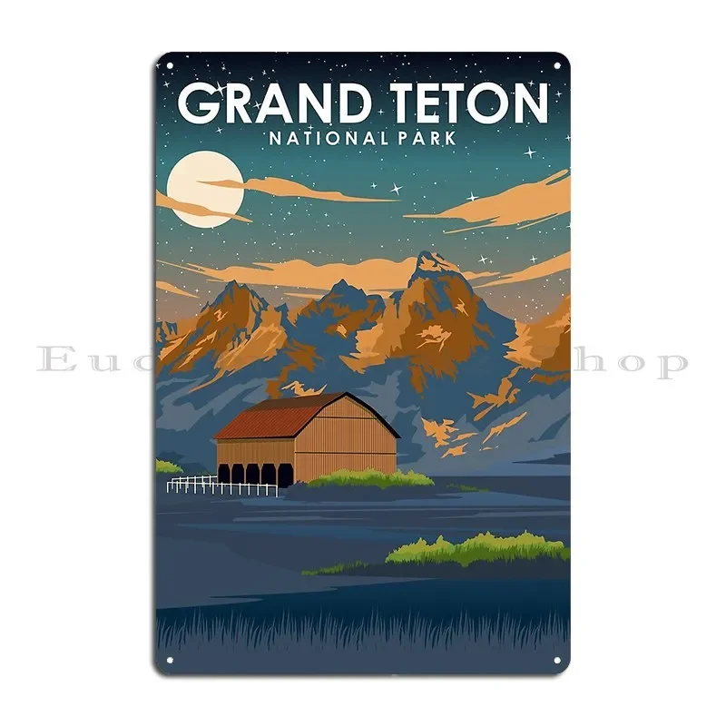 Grand Teton National Park At Night Vintage Minimal Retro Travel Poster Metal Plaque Poster Cinema Wall Decor Tin Sign Poster