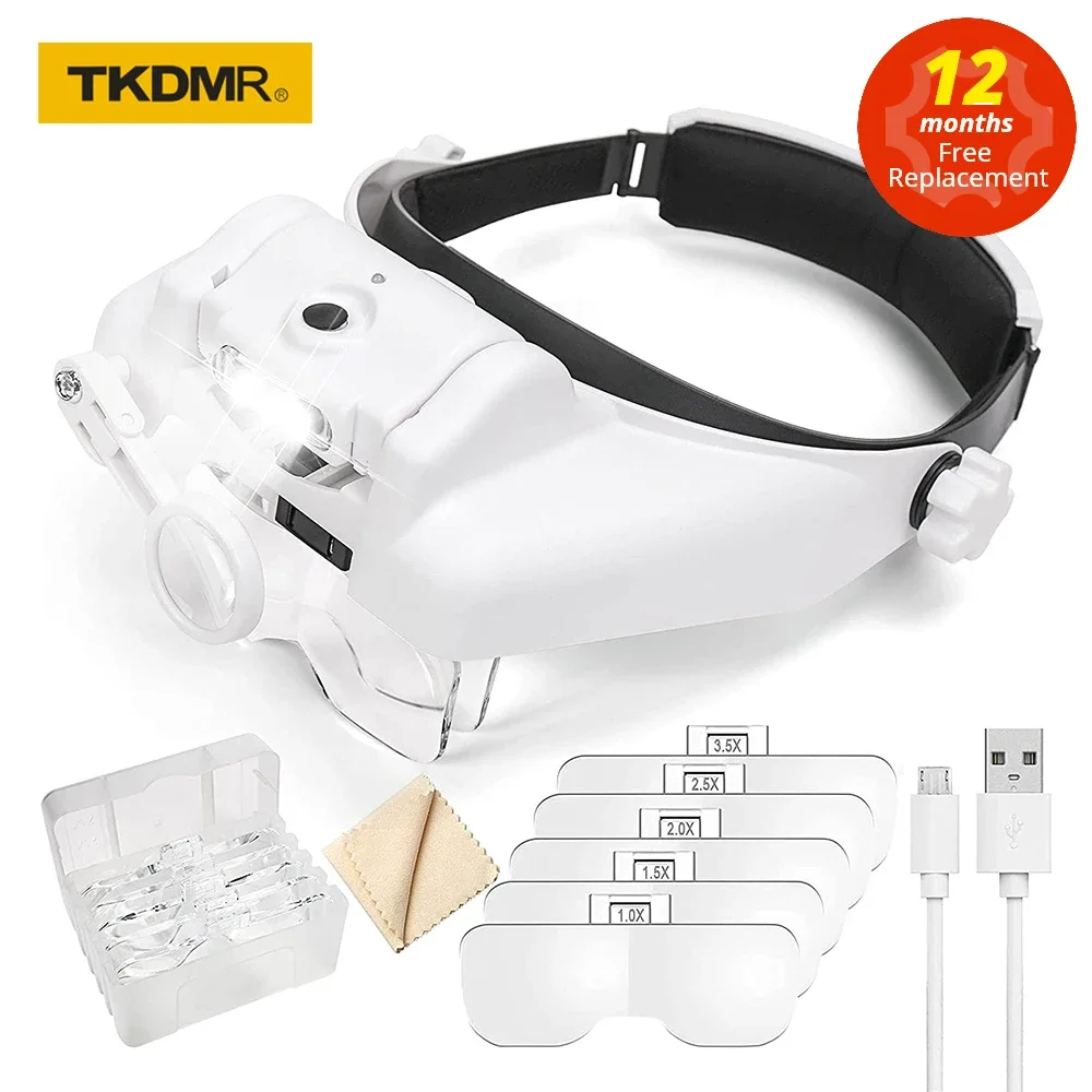 Tkdmr Usb Oplaad Head Mounted Verrekijker Eyewear Loupe Vergrootglas Met 3LED Verlichte Hoofdband Vergrootglas Voor Reading