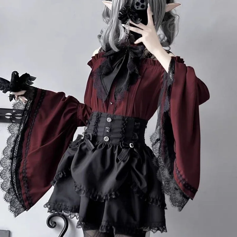 Japonês lolita kawaii blusa feminina y2k arco estético todos os jogos jk blusas de mujer oco fora do ombro rendas retalhos camisas