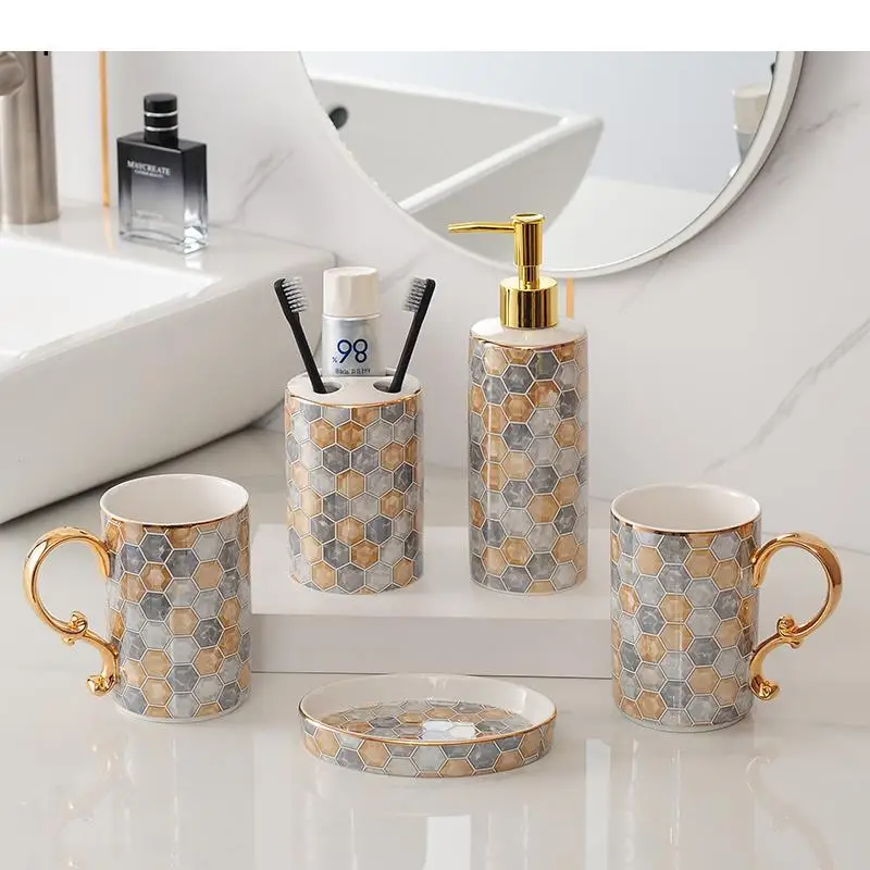 

Light Luxury Ceramics Five Piece Set Gifts Household Toothbrush Holder Tooth Mug Soap Dish Liquid Dispenser Bathroom Kit