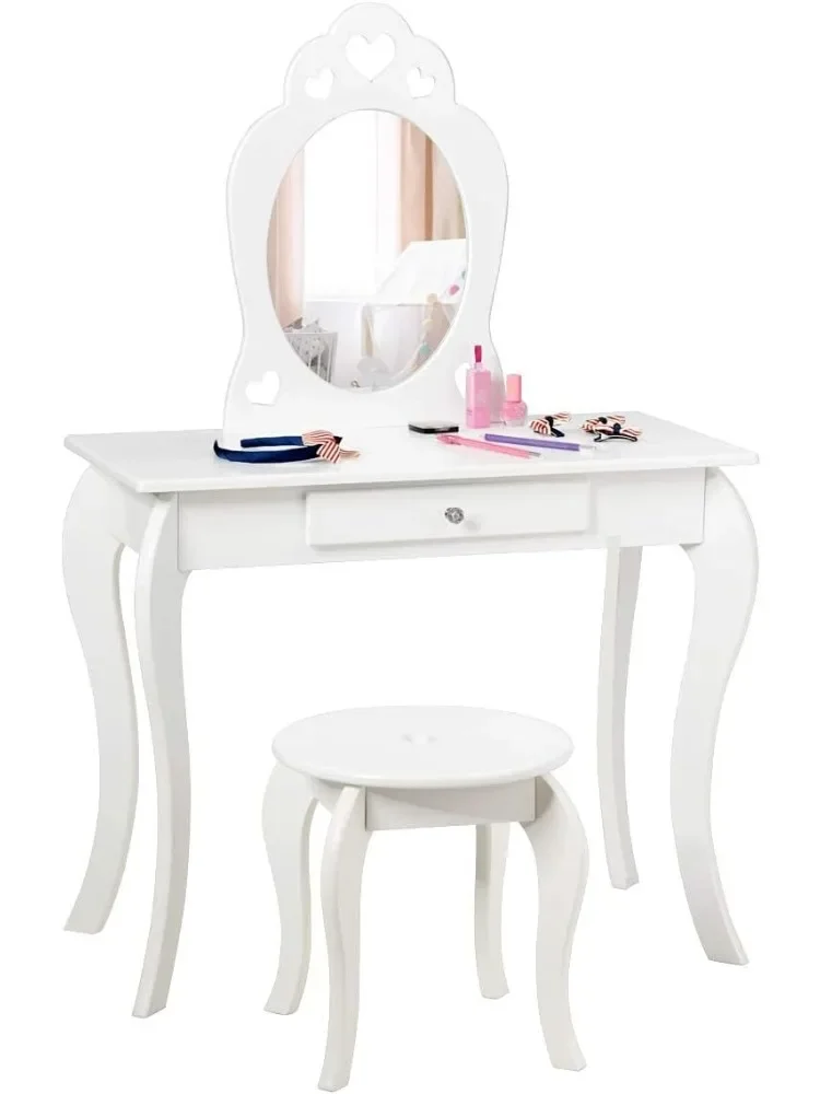 Kids Vanity Set with Mirror, Toddler Wooden Vanity Table with Stool & Drawer, Princess Pretend Play Beauty Makeup Dressing Table