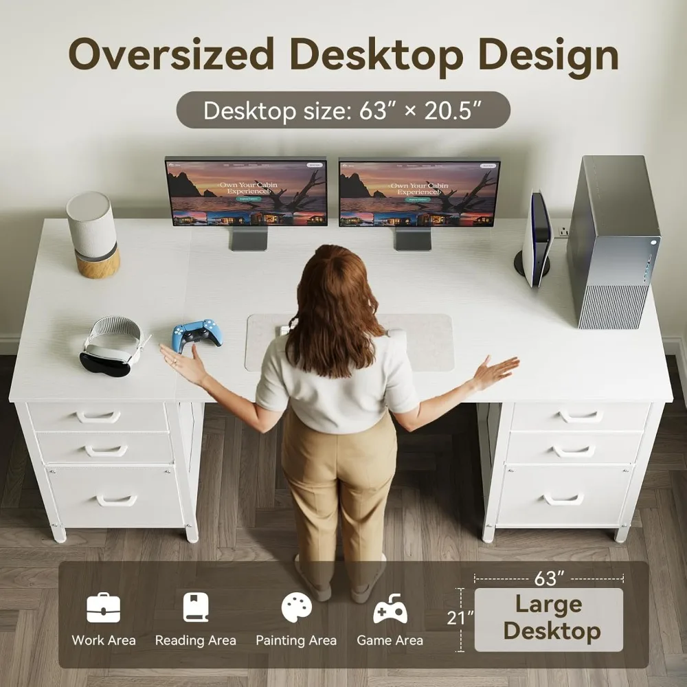 63 inch Office Desk with 6 Fabric Drawers & File Cabinets, Work from Home Computer Desk with Hidden Storage Stand, White