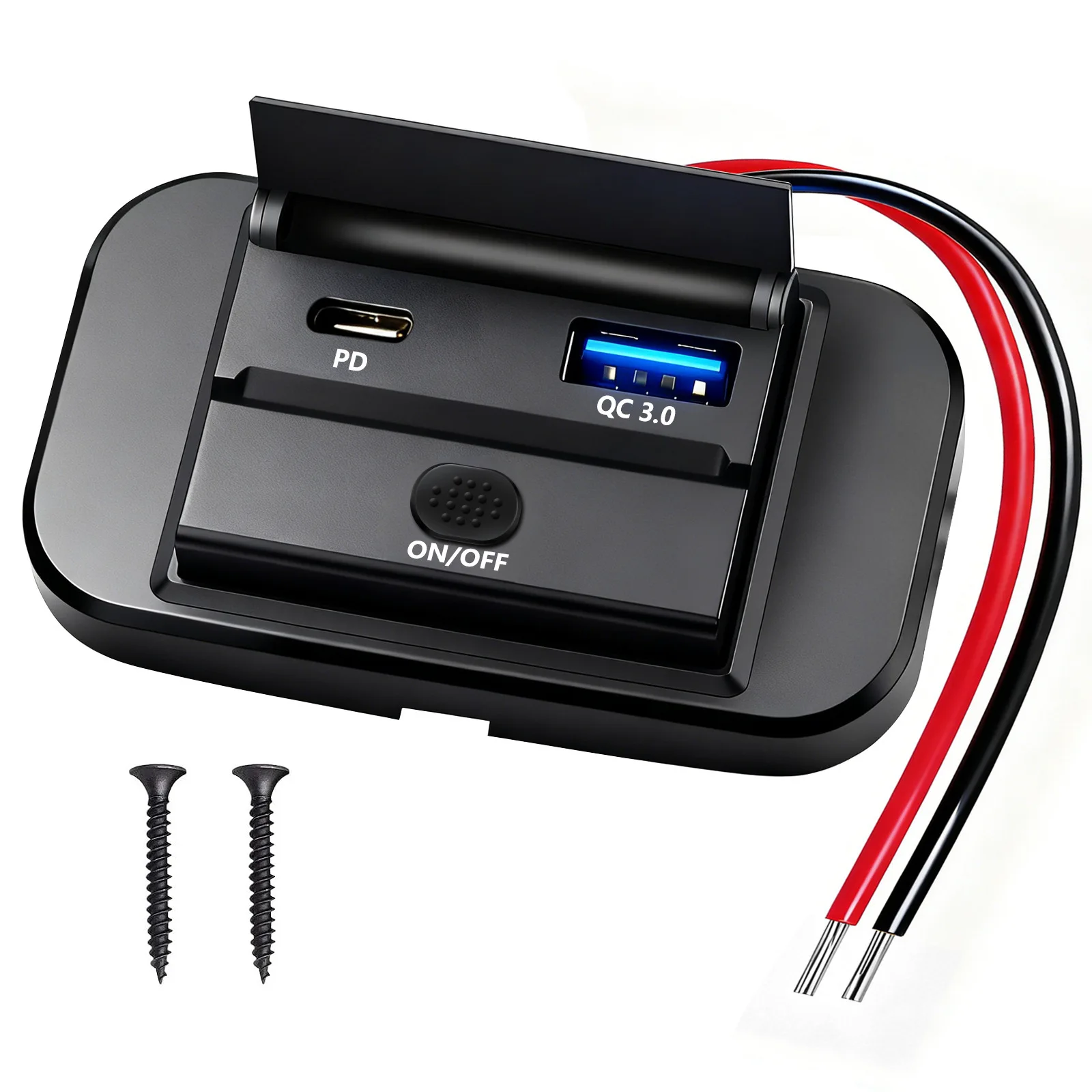 48W Car Charger Socket Panel 12V 24V USB Outlet PD Type-C QC3.0 Surface Mount for Automotive RV Marine Boat Motorcycle Truck