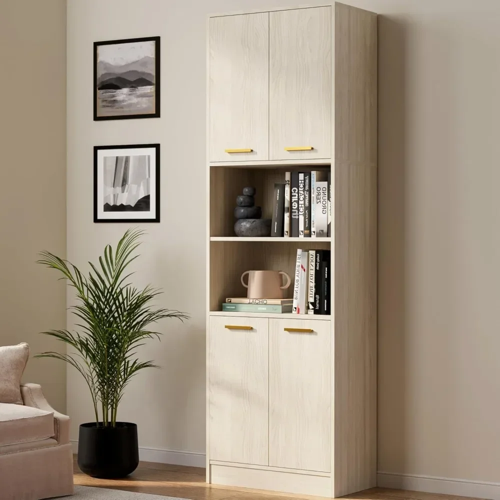 

Kitchen Pantry Storage Cabinet 75" Tall 4 Doors Wood Freestanding Cupboard with Open Countertop and Adjustable Shelve