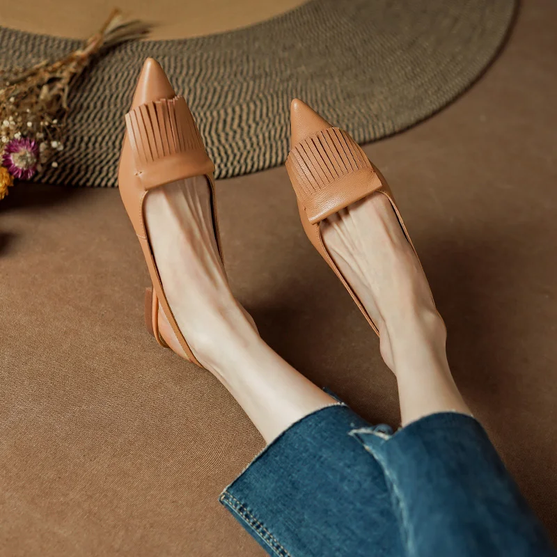 2024 Summer Sandals Shoes for Women Cover Toe Mules Casual Pointed Toe Chunky Heel Women Shoes Flat with Retro Genuine Leather