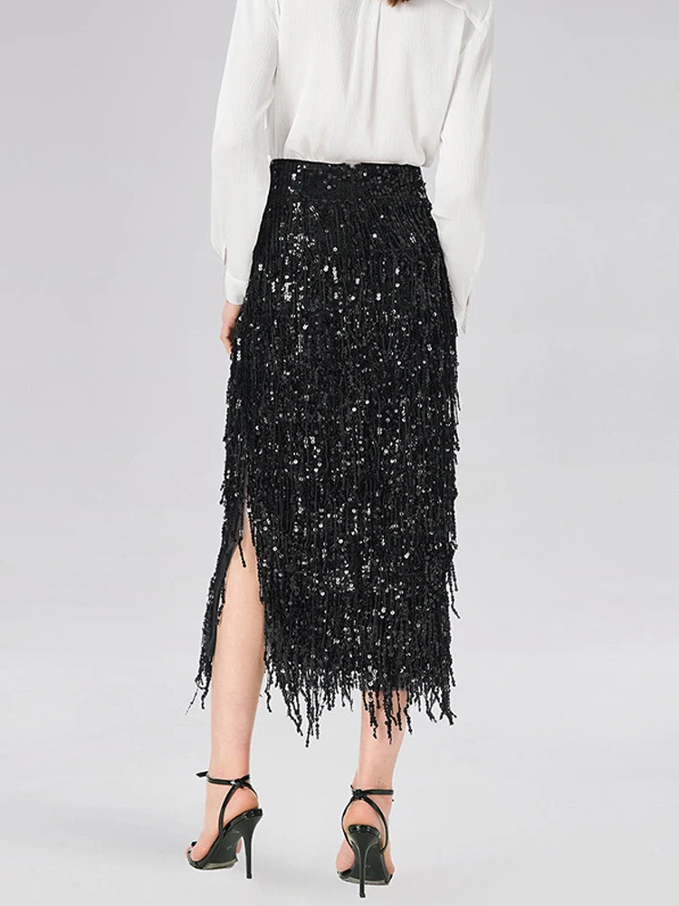 2026 Modischer Fransen-Pailletten-Slim-Fit-Maxirock für Damen – Eleganter, hochtaillierter, einfarbiger Partyrock mit sexy Seitenschlitz