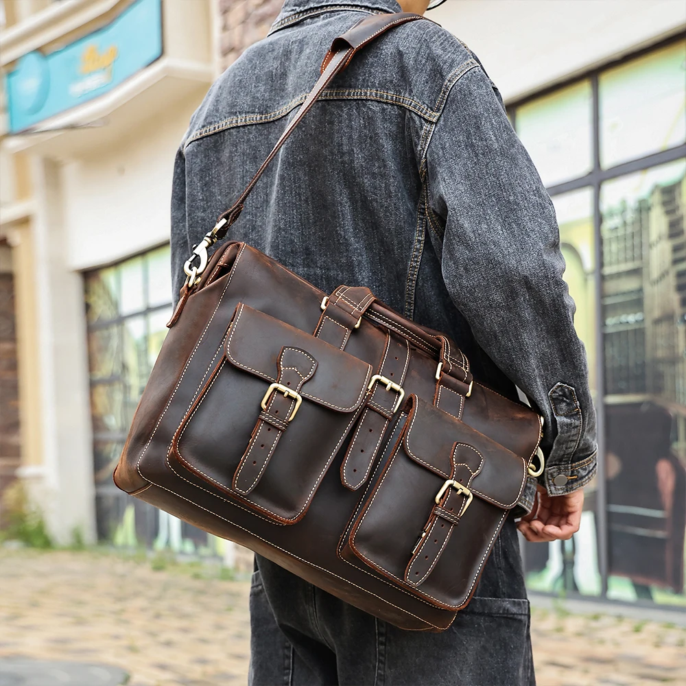 Bolsa de couro genuíno masculina, bolsa de computador de grande capacidade, maleta retro, cavalo louco, 15,6"