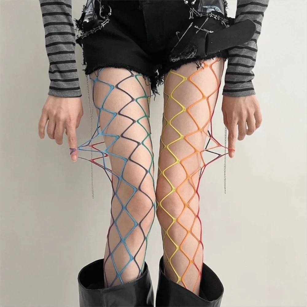 Sweet Cool Dopamine Rainbow Fishnet Stockings Y2K Gradient Mesh Hollowed Out Tights High Waist Sexy Pantyhose Women Fashion