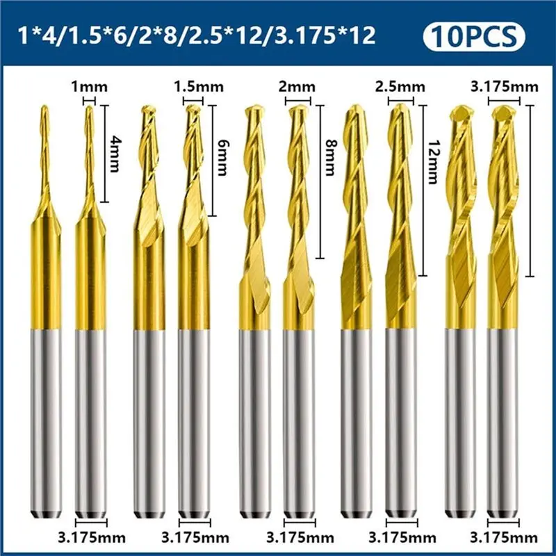 CYCLI-For Diverse Material Cutting 10Pcs Precise CNC Router Bits, Carbide Ball Nose End Mills, 1/8Inch Shank, 2-Flute Spiral