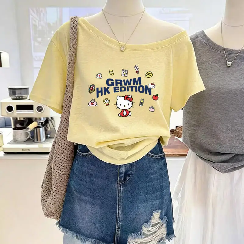 Short-Sleeved T-Shirt Hello Kitty Slanted Shoulder Cartoon Print Design One-Shoulder Temperament New Female Spring Summer Ins - view 3