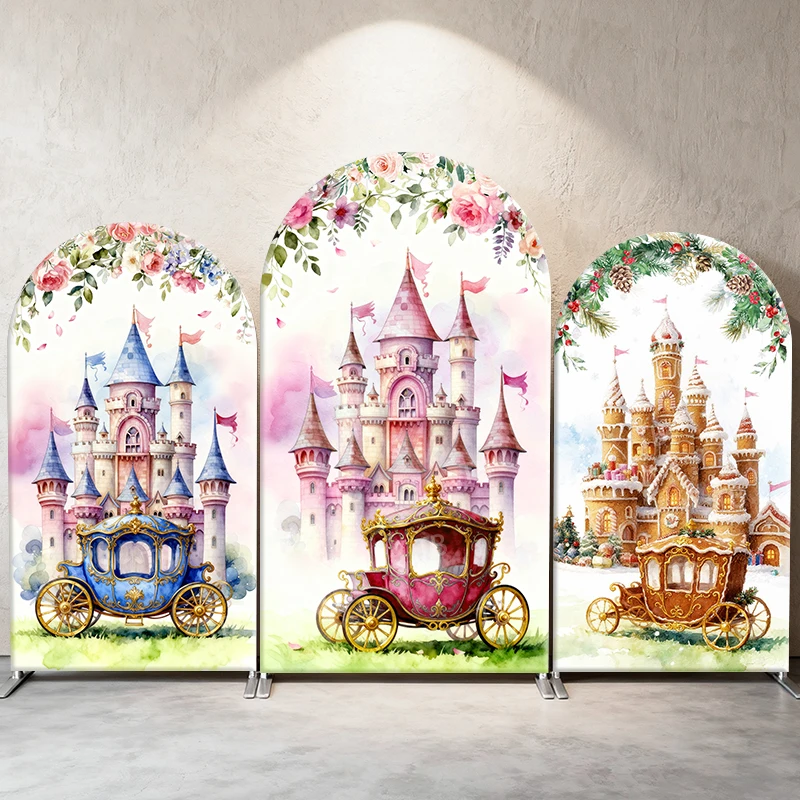 

Disney Castle Arch Backdrop Cover Carriage Floral Photograph Background Kids Girls Princess Birthday Party, Event Decoration