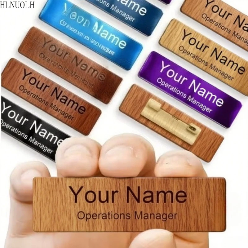

5PCS 7X2Cm 7.5X2.5CM Free Personalize DIY Name Plate With Black Engraved Text Title LOGO Brushed Wood Pin Holder Wood Name Tag