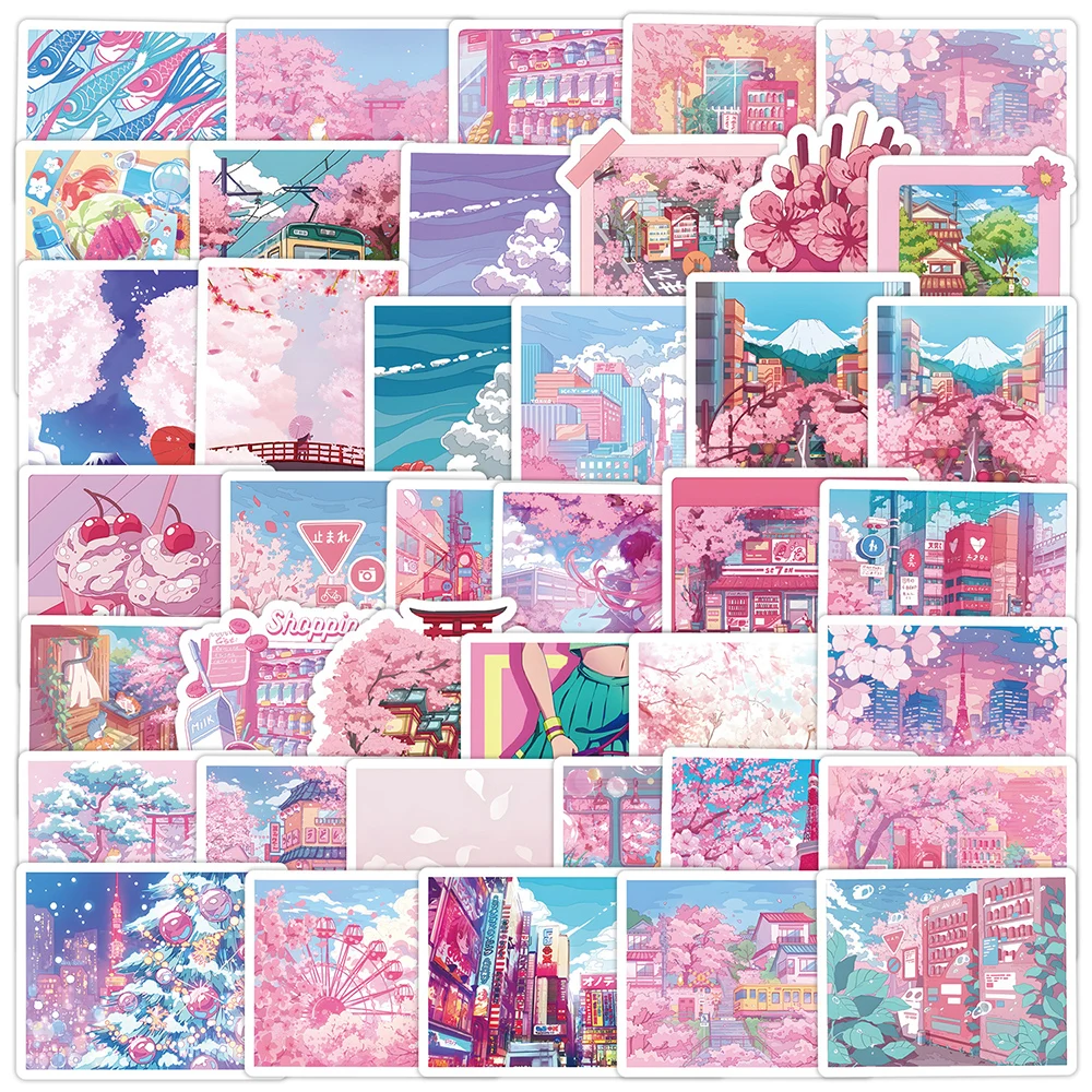 10/30/50pcs Cute Sakura Street Scenery Aesthetic Stickers DIY Skateboard Scrapbook Laptop Fridge Cartoon Waterproof Sticker Pack