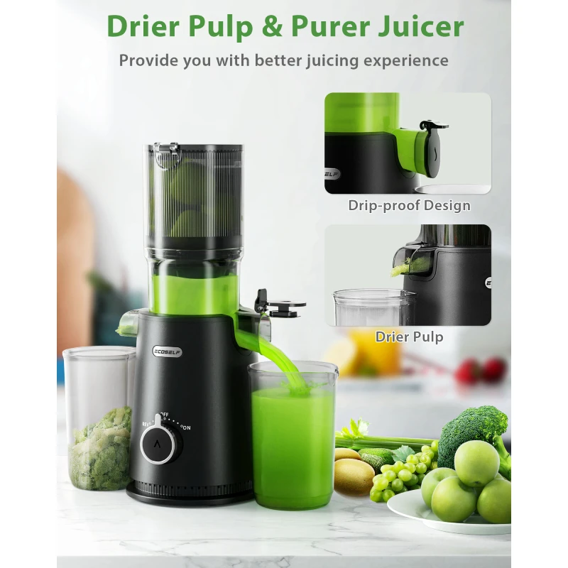 低速咀嚼ジューサー、果物や野菜を丸ごと投入できる4.3インチの超ワイド投入口、コールドプレス技術、高ジュース収量