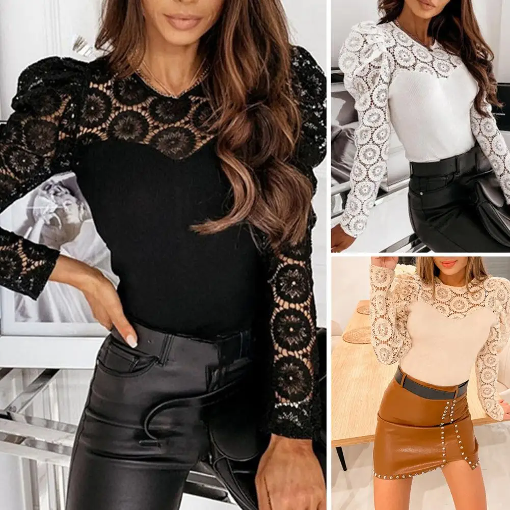 Women Top Round Neck Hollow Out Lace Patchwork T-shirt Elegant Lace Solid Color Long Sleeve Slim Fit See-though Shirt for Women