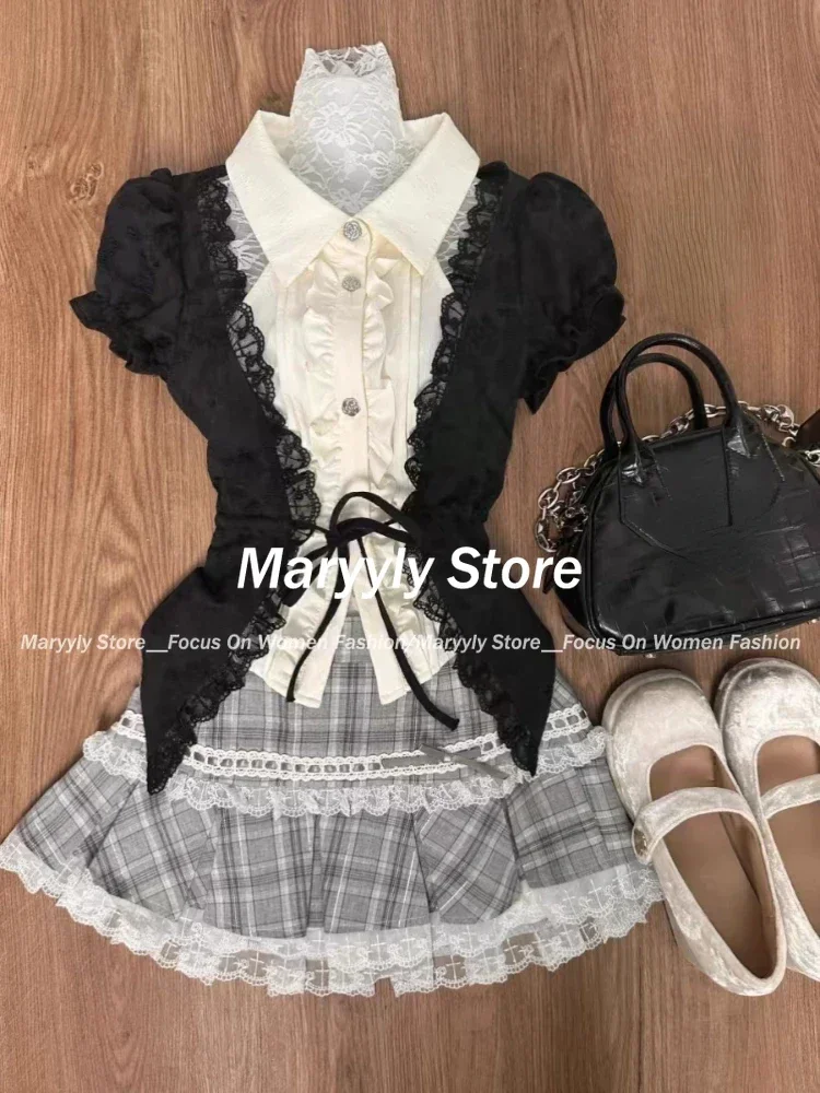 Japanese Sweet Preppy Style Outfits 2-częściowy zestaw damski Vintage Kawaii Lace Patchwork Tops + Y2k Plaid Slim Mini Skirt Female New