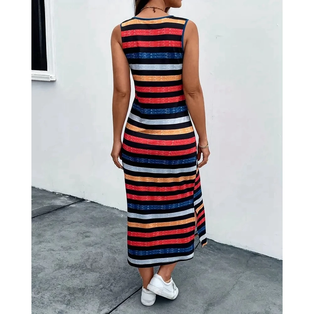 2024 Summer Women Corlorful Striped Print Sleeveless Tank Dresses for Women Casual Straight Maxi Dress Side Split Party Dresses