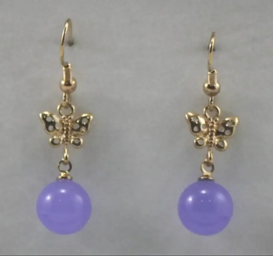 

Women's fashion style metal plated butterfly accessories 8mm Purple Jade Round Earrings