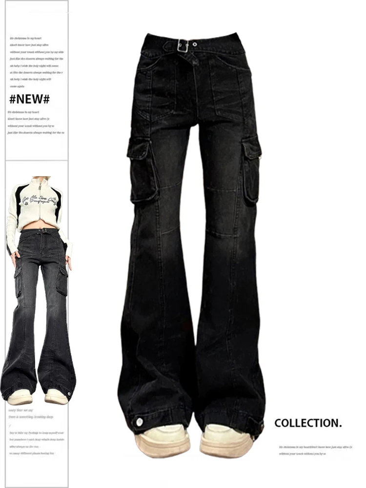 Women Black Gothic Cargo Flare Jeans Emo 2000s Vintage High Waist Baggy Denim Trousers Y2k Harajuku 90s Aesthetic Pants Clothes