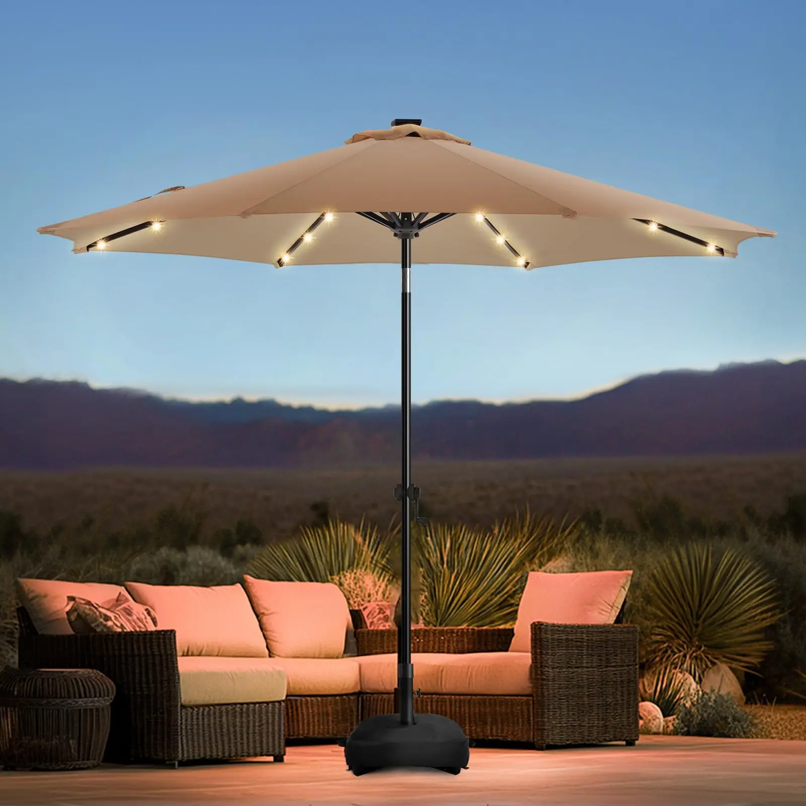 9FT Solar Led Patio Umbrella with Base Included, 32 LED Lights, 8 Sturdy Ribs, Fade Resistant Waterproof POLYESTER DTY