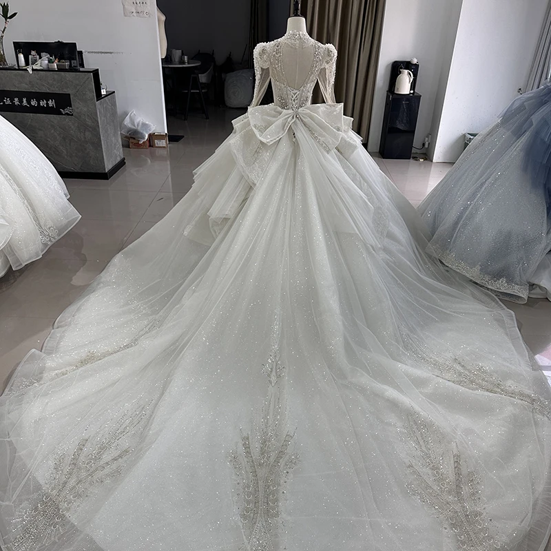 Jancember Full Sleeves Puff Sleeves Wedding Gowns Chapel Train Deep V-neck Beading Backless Button Illusion Wedding Dress XS002