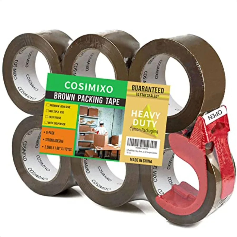 Paquete de 6 cintas de embalaje marrones resistentes con dispensador, 2,5 mil x 1,88 pulgadas x 110 yardas, caja de envío Industrial ultra fuerte, Tan Pac
