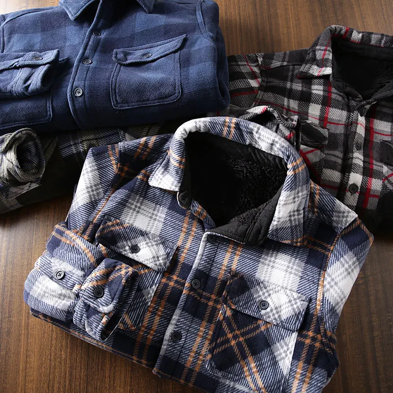 

Thiened Lamb Velvet Мужская клетчатая длинная све irt Осень Зима Открытый Slim Fit irt Jaet Faion Urban Sle Winter Se...