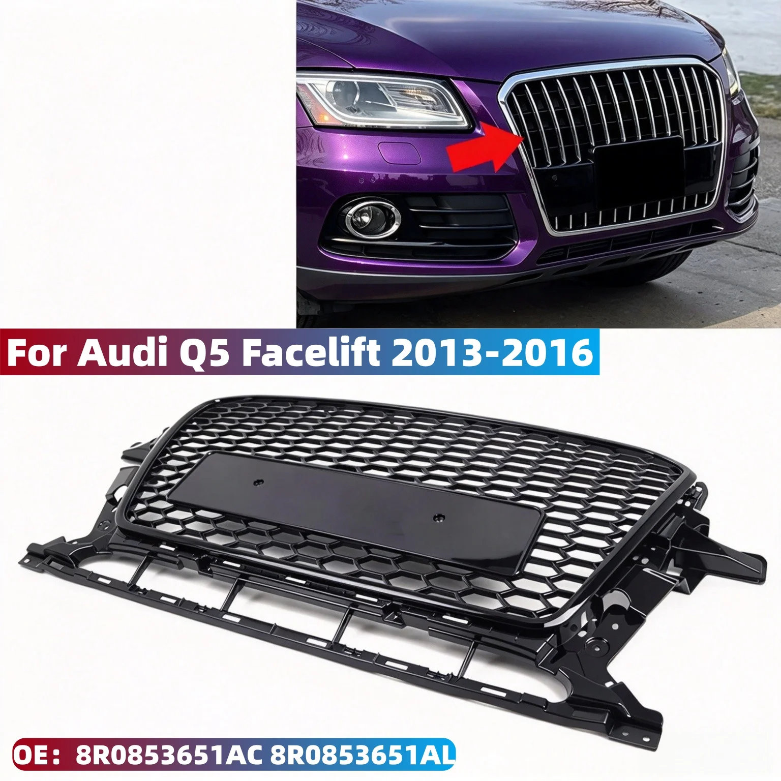 Gloss Black Front Bumper Honeycomb Grille Mesh Grill 8R0853651AC For Audi Q5 Facelift 2013-2016 Europe/US Version
