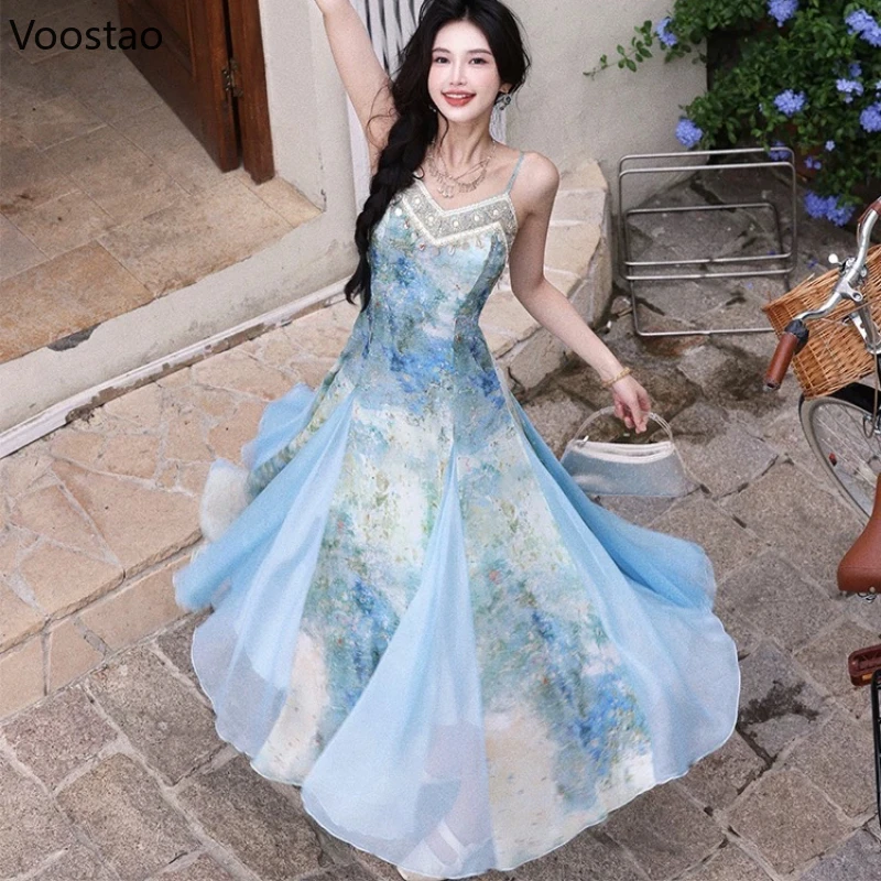 Summer French Seaside Holiday Party Dress Women Elegant Bule Print Sequins Fairy Long Dress Ladies Sweet Beach Boho A-Line Dress