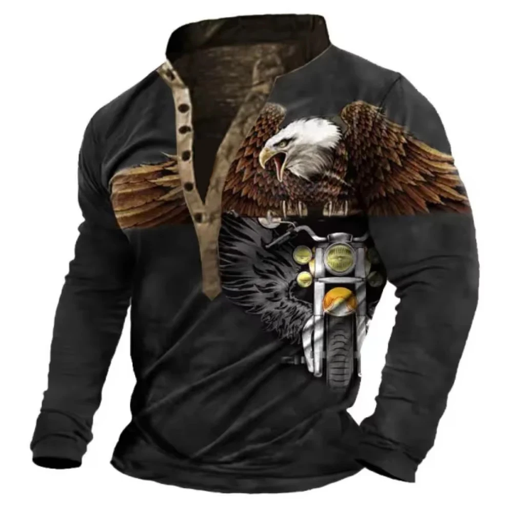 Camiseta para hombre Henley Vintage Eagle motocicleta estampado manga larga Top diario ropa de calle Harajuku camiseta hombres siete botones