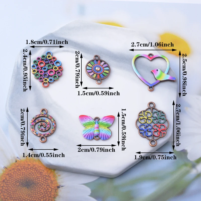 12 Stück Sommer-Legierungs-Vogel-Blumen-Verbindungsstück-Set, zwei Löcher, Herzanhänger, Schmuckzubehör, Boho-Anhänger, DIY-Halsketten- und Ohrring-Set für Damen – Detail 4