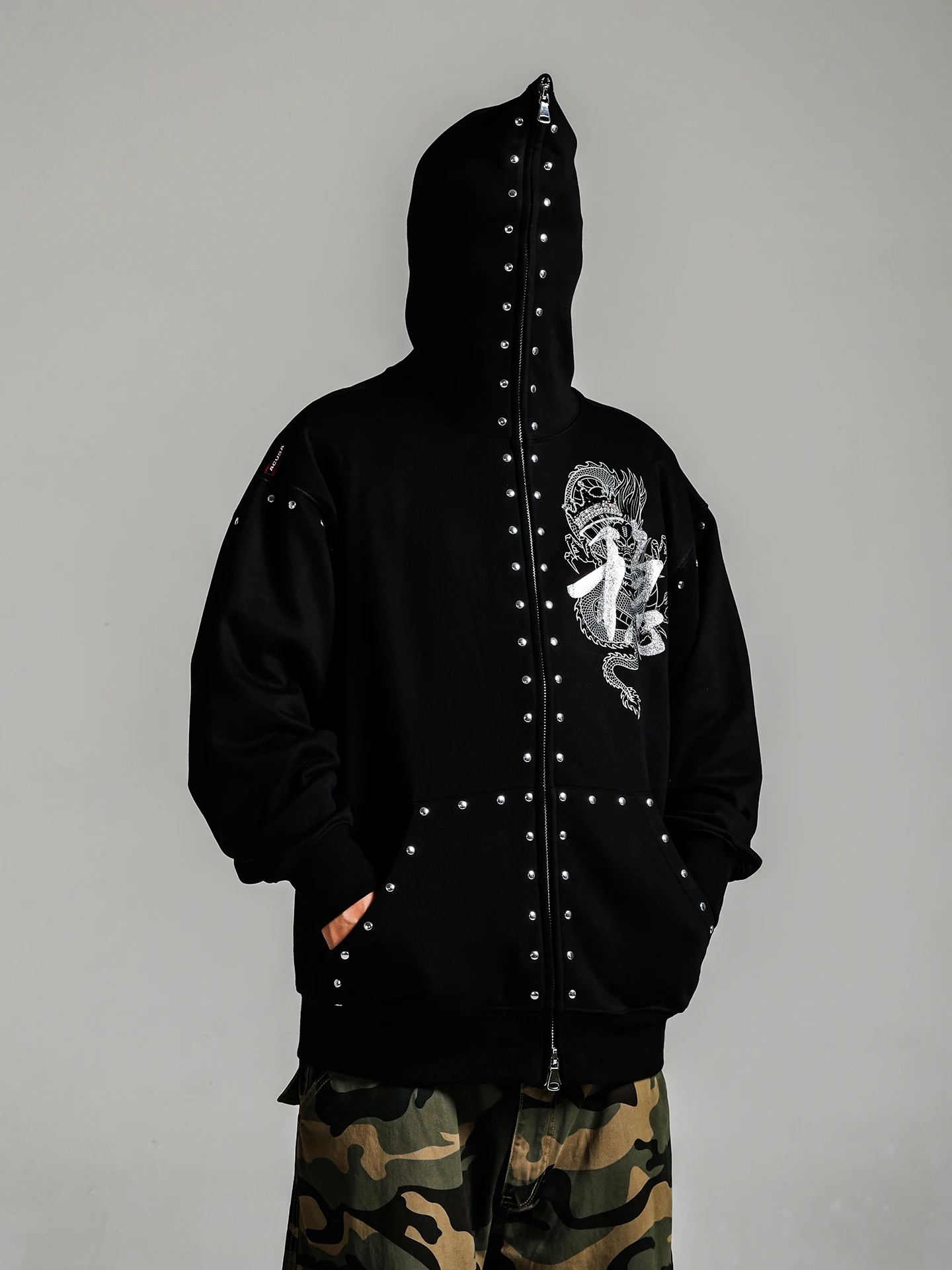 ACUSA Double Zipper Rivet Multi-Process Hooded Loose Jacket Sweatshirt American Style Open Cardigan Millennium Streetwear