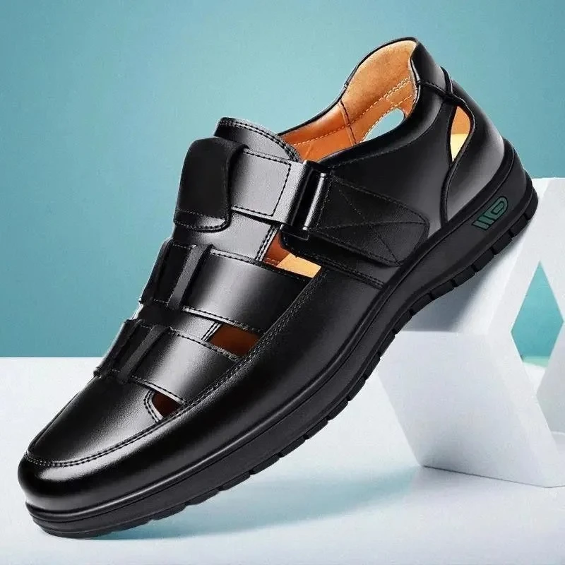 Summer New Men's Hollow Up PU Leather Breathable Man Sandals Non-slip Flat Soft Bottom Handmade Trendy Design Shoes Men's Shoes
