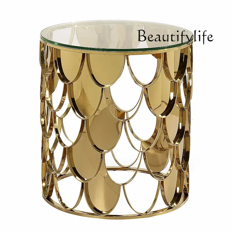light luxury sofa side few marble fish scale small coffee table modern simple stainless steel living room  round table
