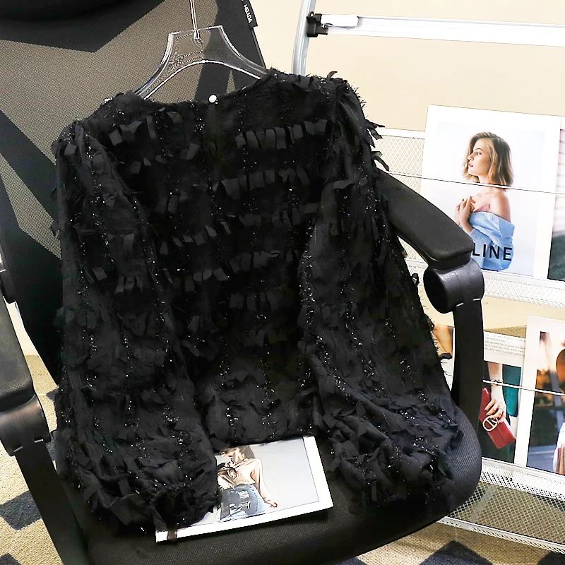 2025 New Fashion Heavy Embellished Diamond Lantern Sleeve Chiffon Blouse Loose Sweet Cute Tassel Versatile Top Trendy Women