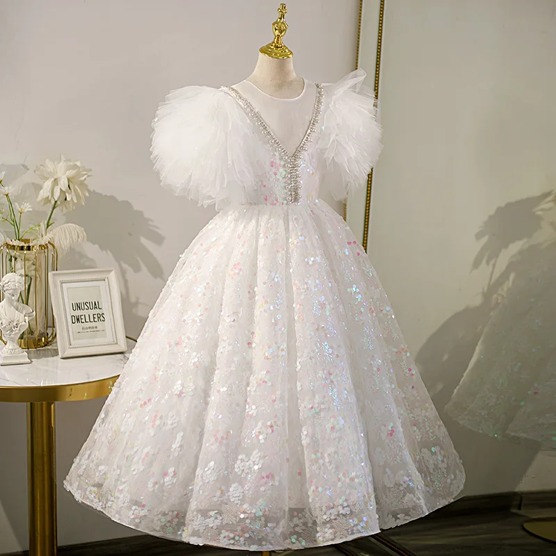 

4-12Y Kids White Tulle Princess Dress Butterfly Sleeve Ankle-Length Chiffon Dresses Shiny Beading Sequin Ball Vestidos for Party