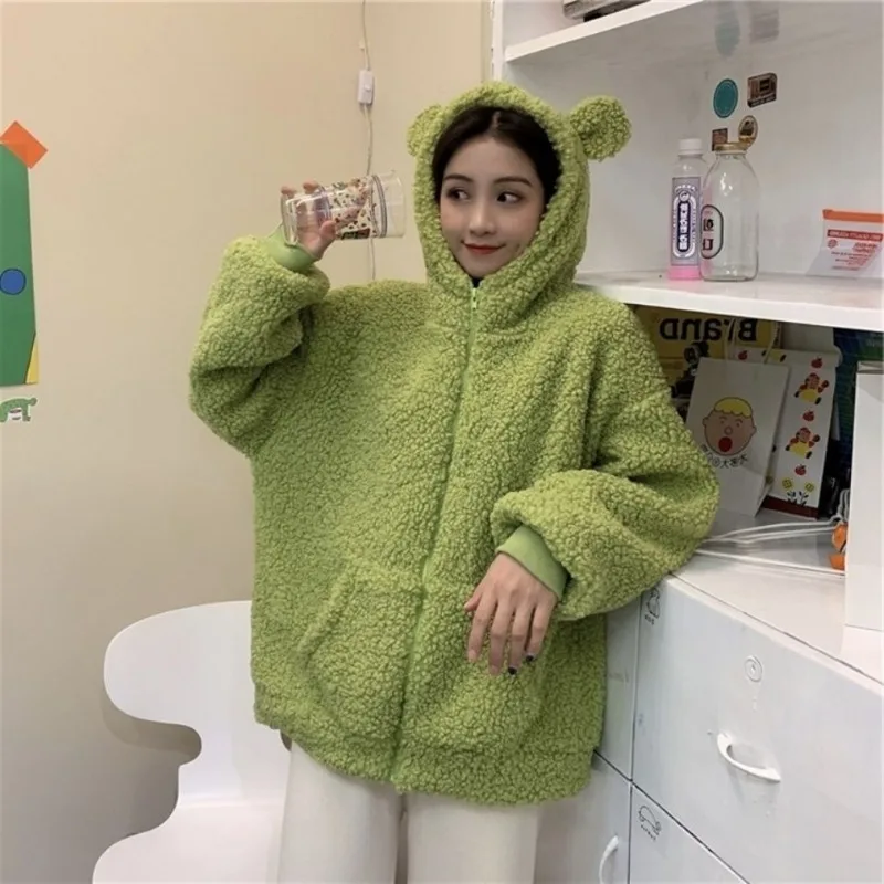 Autumn Winter Women Green Beige Zip-up Sweatshirt Kawaii Fleece Faux Fur Long Sleeve Hooded Teddy Bear Ears Soft Hoodies White