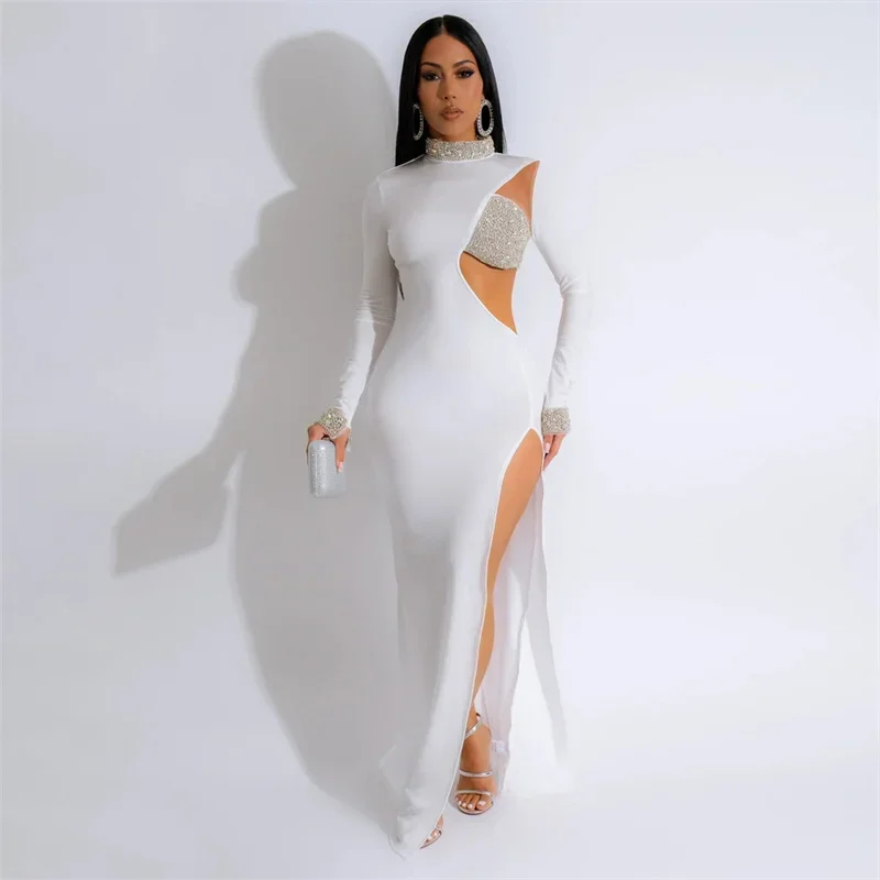 Women Turtleneck Mesh Patchwork Rhinestone Sexy Long Party Dresses Slim Cut Out Side High Split Irregular Maxi Night Club Dress