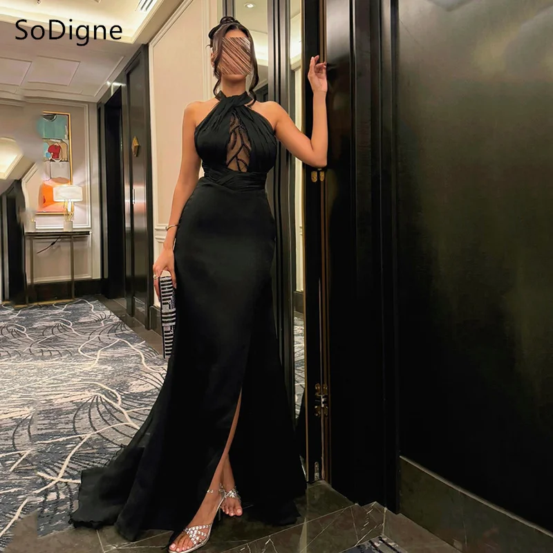

SoDigne Sexy Halter Evening Dresses Backless A-line Floor-Length Mermaid Party Dress Side Slit Formal Prom Gowns Customized