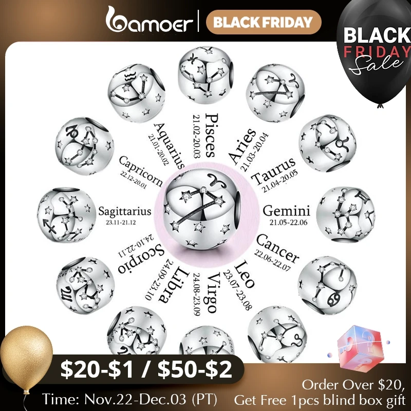 BAMOER Vintage 925 Sterling Silver Twelve Constellations Star Sign Zodiac Beads Charms fit Charm Bracelet Neckalce DIY SCC1218