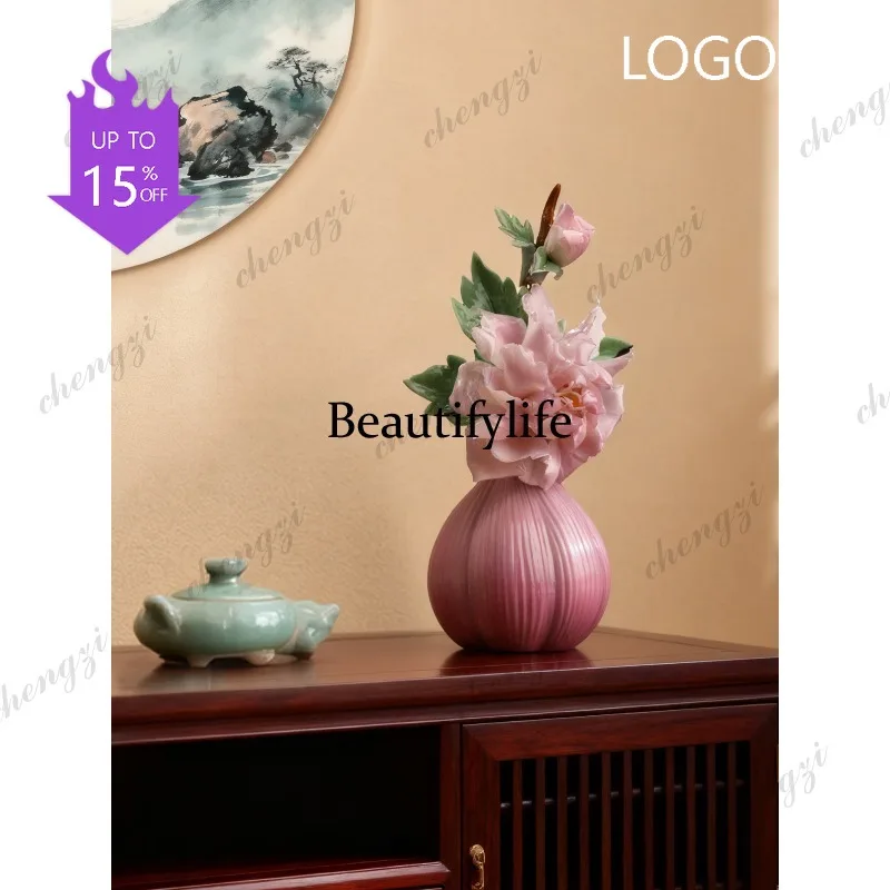 D1089 intangible cultural heritage handmade ceramics, peony porcelain flower ornament, vase, living room decoration, high-end