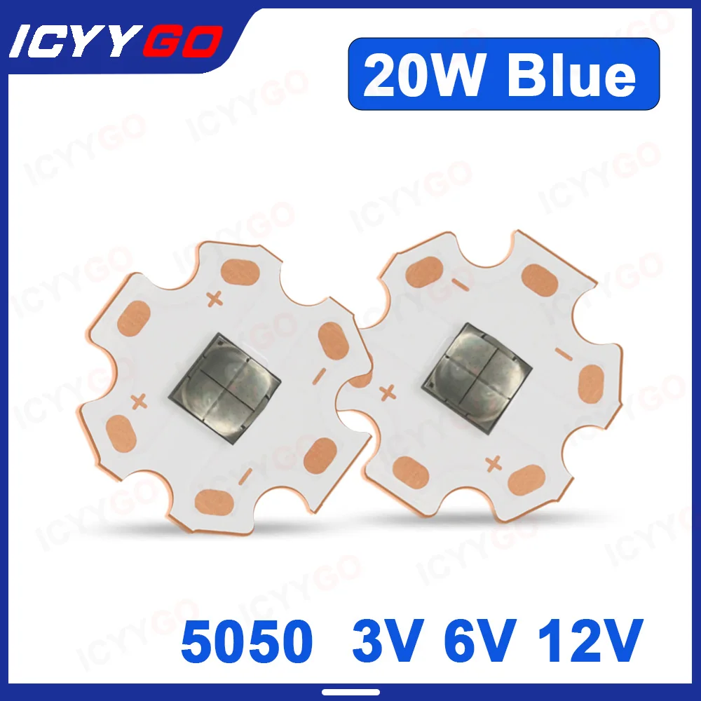 20W LED DC3V 6V 12V Lamp Beads 5050 Chip 3000mA Replacement Diode Blue Light 455-465nm Flashlight Night Fishing Stage Lamp Beads